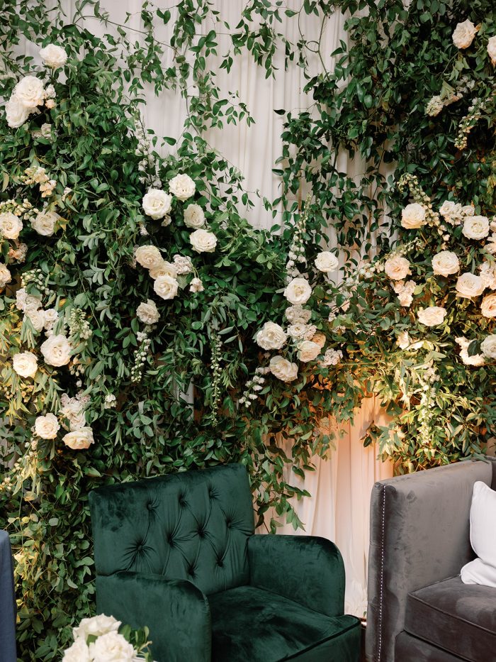 Floral wall by Life in Bloom with Northern Decor Rentals at a Chicago wedding venue